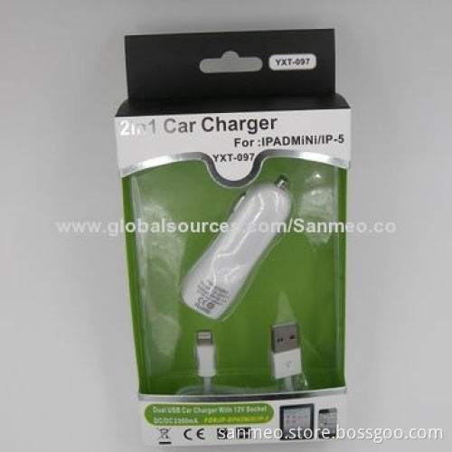 2-in-1 Car Charger for iPad Mini/iPhone 5/6, High Speed, Intelligent Charging, Stylish and UniqueNew